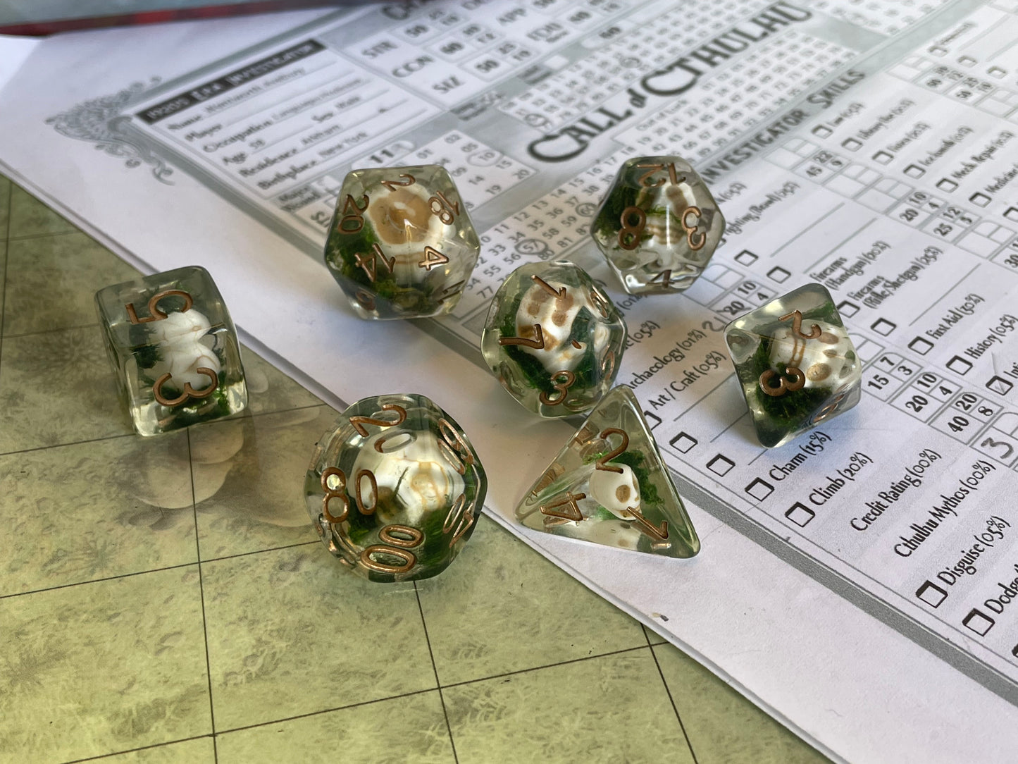 Entombed Poly Dice Set- Skull- Moss