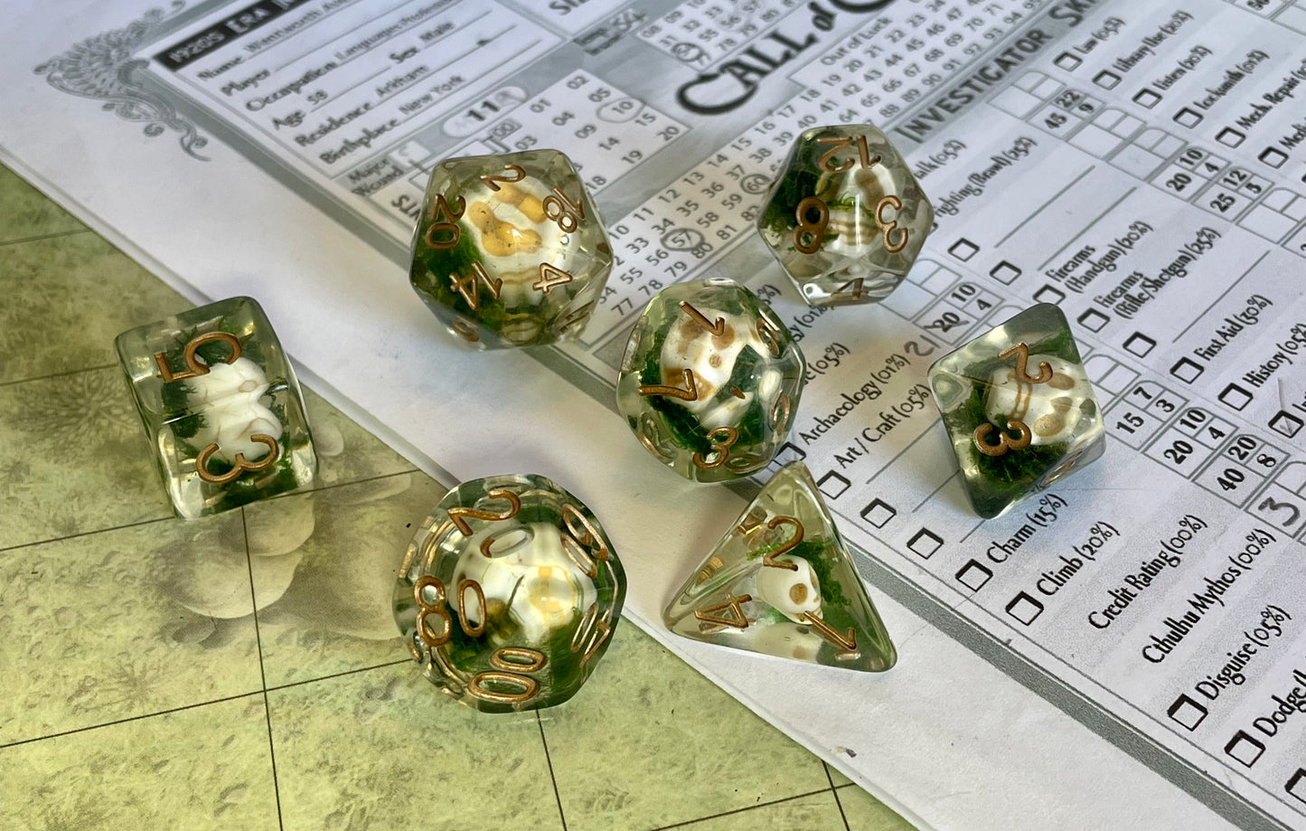 Entombed Poly Dice Set- Skull- Moss