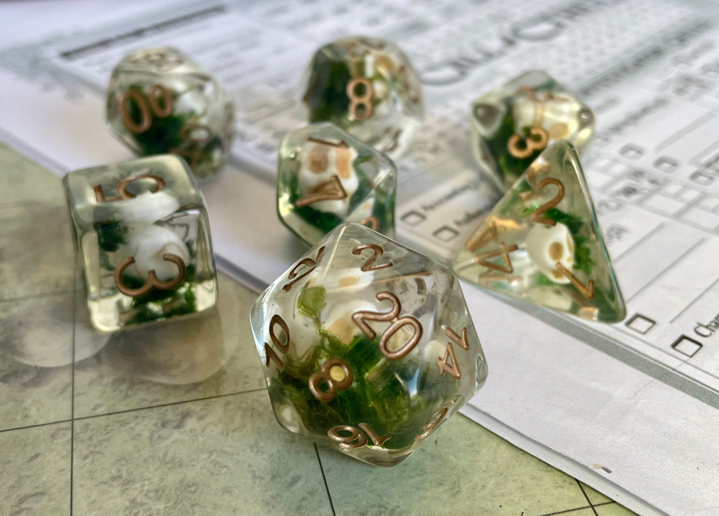 Entombed Poly Dice Set- Skull- Moss