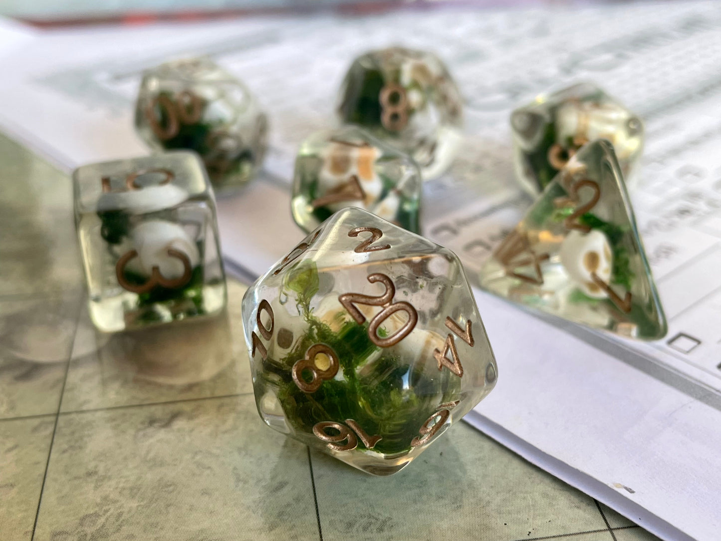 Entombed Poly Dice Set- Skull- Moss