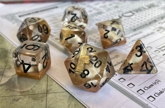 Entombed Poly Dice Set- Bird skull White in Gold